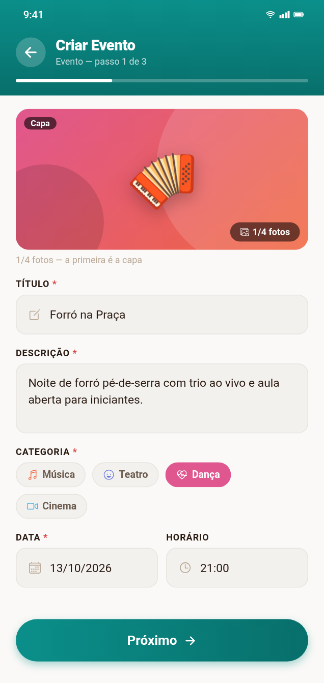 Tela de criação de evento para divulgadores