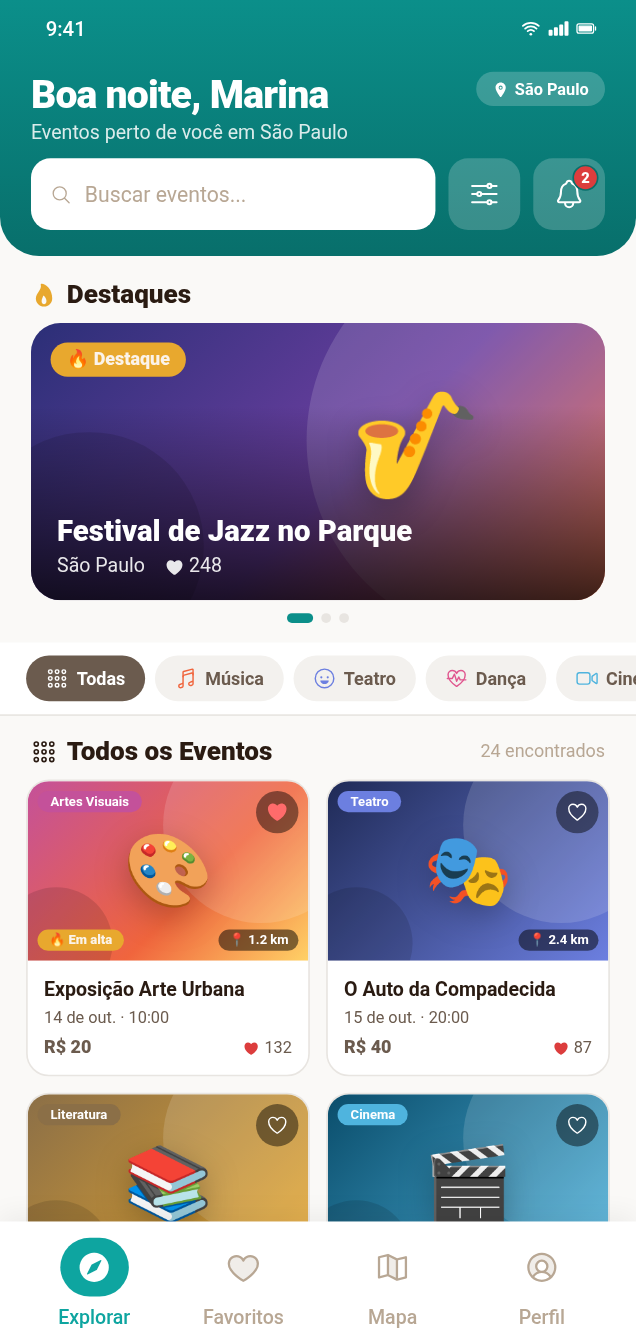 Tela inicial do GuiaCultural com eventos próximos